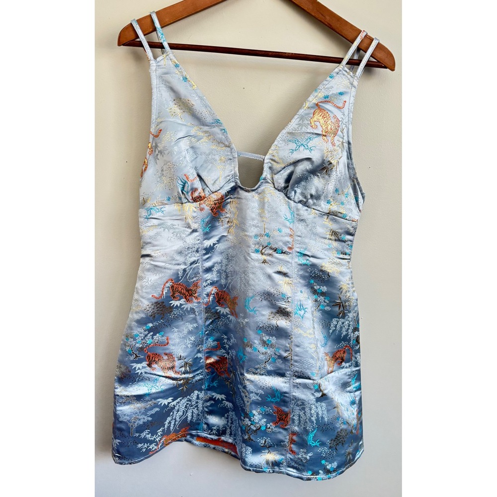 Urban Outfitters Womens M Asian Mini Dress Light Blue Satin Tiger